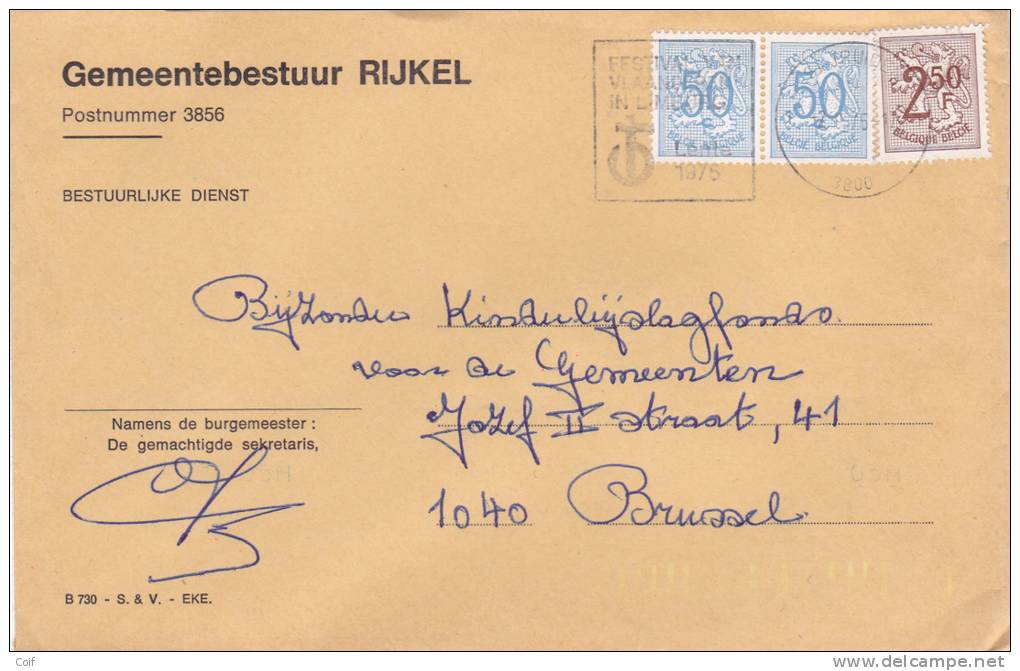 854+1544 Op Brief GEMEENTEBESTUUR RIJKEL (Administration Communale) (voorkeurtarief / TARIF PREFERENTIEL) - 1951-1975 Heraldieke Leeuw