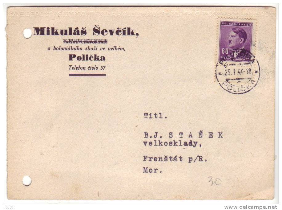 Carte De Mikulas Sevcik, Policka (Bohème Moravie - Böhmen Und Mähren) Du 25/1/1944 Vers Frenstat - Lettres & Documents