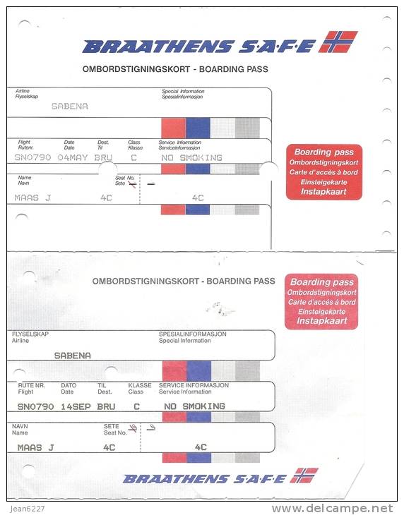 2 Boarding Pass Différents - Braathens Safe (Norvège) - Vols Sabena De Oslo Vers Bruxelles - Bordkarten