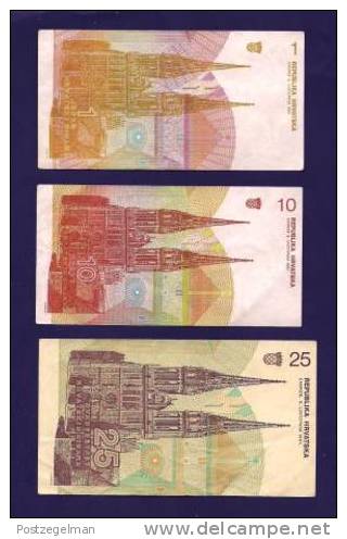 CROATIA 1991, 3 Different Banknotes, USED VF,  1, 10 And 25 Dinara - Croatia