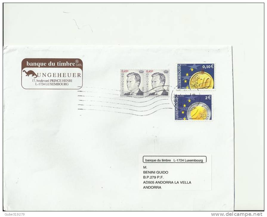 LUXEMBOURG 2001 -COVER FLOWN TO ANDORRA W 4 STS 0,10+2€ (EURO STAMPS 2001) - 2 OF 0,45 € (IMAGE) LOUXEMBOURG RELARLUX21 - Ganzsachen