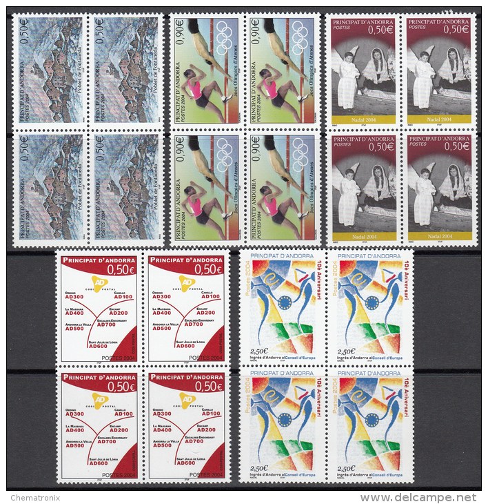 Andorra 2004 - Yvert: 597, 598, 601, 602, 603  - Bloques De 4 -  ** MNH - Unused Stamps