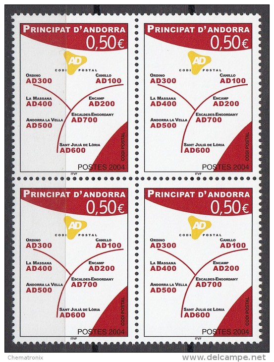 Andorra 2004 - Yvert: 597, 598, 601, 602, 603  - Bloques De 4 -  ** MNH - Unused Stamps