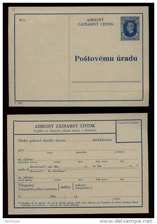 Slowakei Slovakia Adresskarte AÄK1 ** M€ 200,- Hlinka 1939 - Briefe U. Dokumente