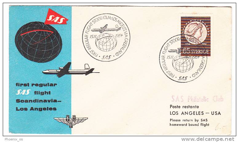 SWEDEN - Envelope, Cover,  Year 1954, Air Mail, SAS, First Flight Scandinavia - Los Angeles, Philatelic Club - Cartas & Documentos
