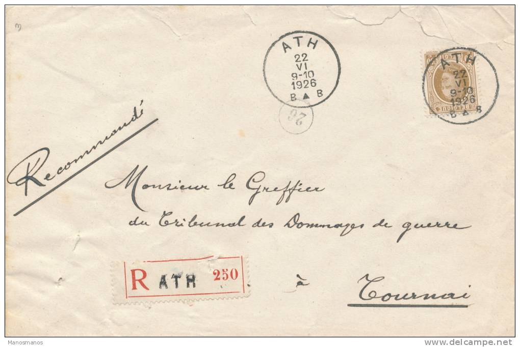 306/20 - Lettre RECOMMANDEE TP Houyoux ATH 1926 Vers TOURNAI - Origine VILLERS ST AMAND - 1922-1927 Houyoux