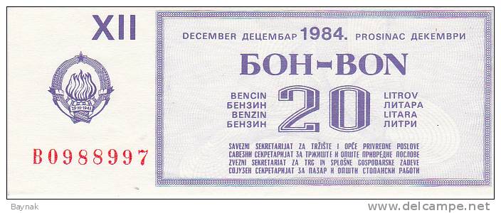 YUGOSLAVIA 1984  --  BON FUR 20  LITER BENZIN - Jugoslawien