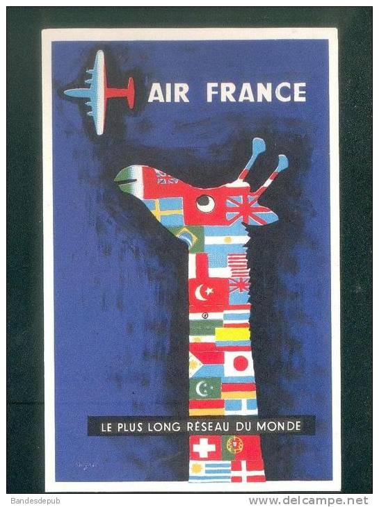 CPSM Publicitaire AIR FRANCE - Le Plus Grand Réseau Aérien Du Monde - Ill. SAVIGNAC  (girafe Drapeaux Avion Aviation ) - Savignac