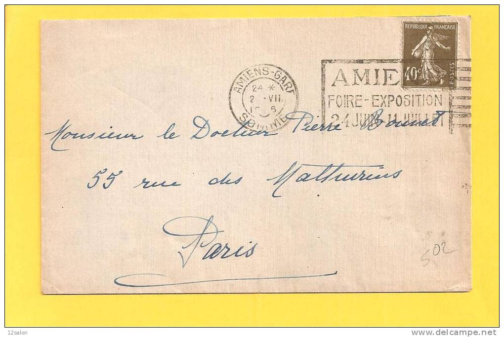 Lettre Type SEMEUSE 193 Obl AMIENS GARE FOIRE EXPOSITION - 1877-1920: Période Semi Moderne