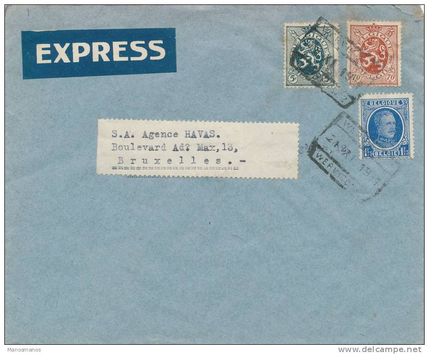 319/20 - Lettre EXPRES TP Houyoux Et Lion Cachet De Gare De WERVIK 1931 Vers BRUXELLES - 1922-1927 Houyoux