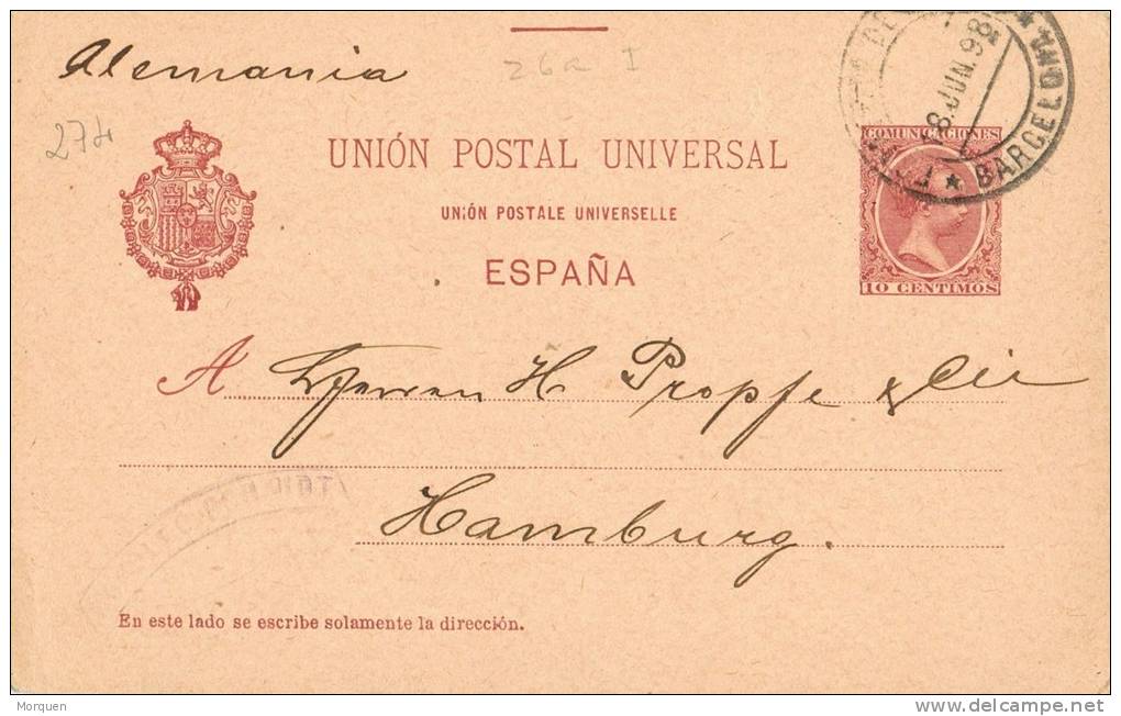 0316. Entero Postal BARCELONA 1898 A Hamburg, Num 31B º - 1850-1931