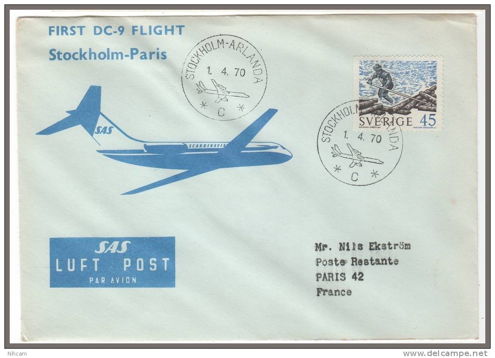 STOCKHOLM > PARIS 1/4/1970 DC9 - Lettres & Documents