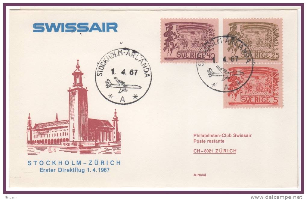 STOCKHOLM > ZURICH Schweiz 1/4/1967 - Lettres & Documents