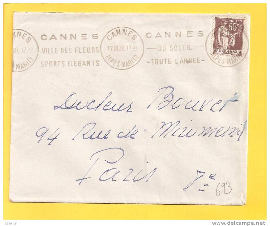 LETTRE N° 284 Obl CANNES VILLE DES FLEURS SPORTS ELEGANTS - 1932-39 Paix