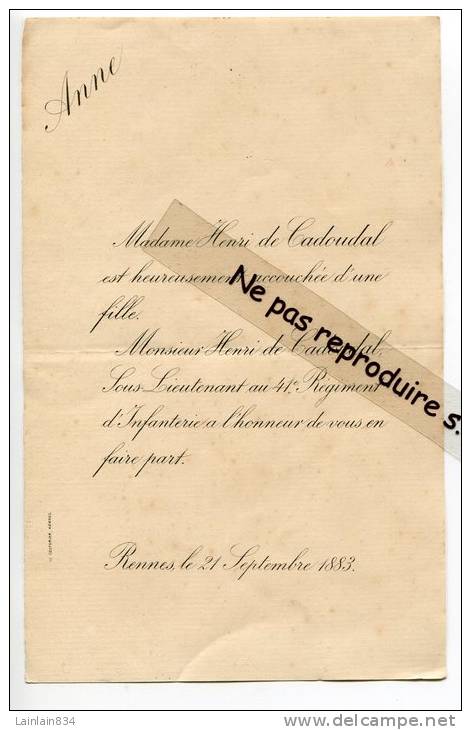 - Faire Part De Naissance D´Anne De Cadoudal,  Fille D´Henri De Cadoudal, Sous Lieutenant, Rennes Le 21 Sept 1883, . - Nacimiento & Bautizo