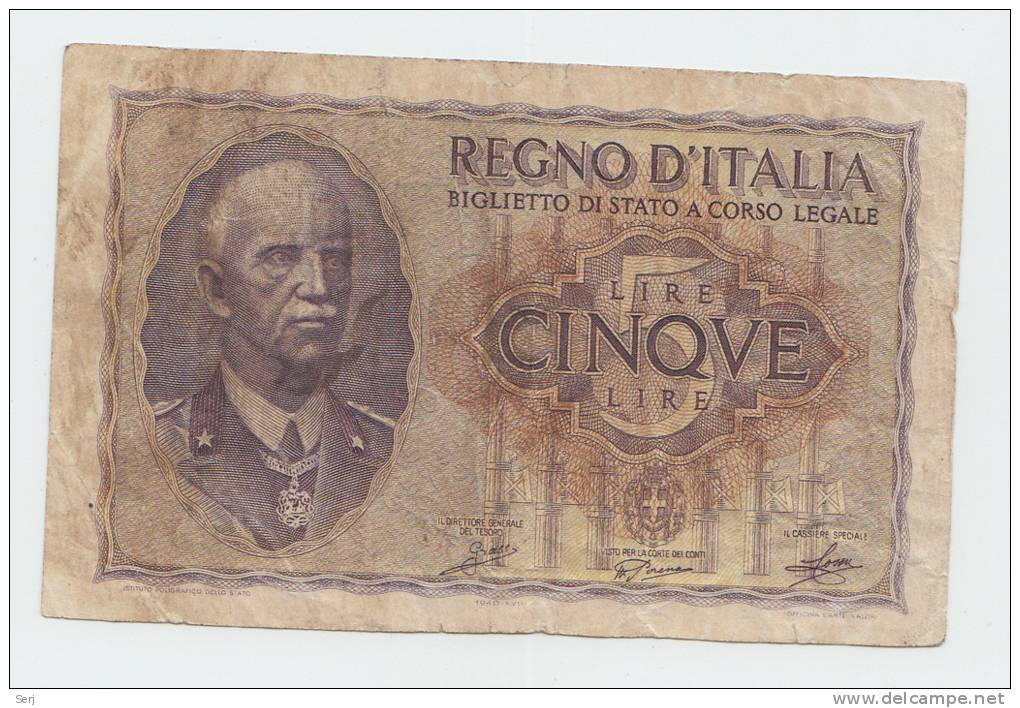 ITALY 5 Lire 1940 AVF P 28 - Italia – 5 Lire