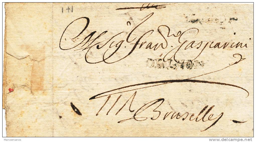 235DT -  Lettre Précurseur TORINO 1698 Vers BRUXELLES - RARE Marque D' Entrée En France DE LYON - ....-1700: Précurseurs