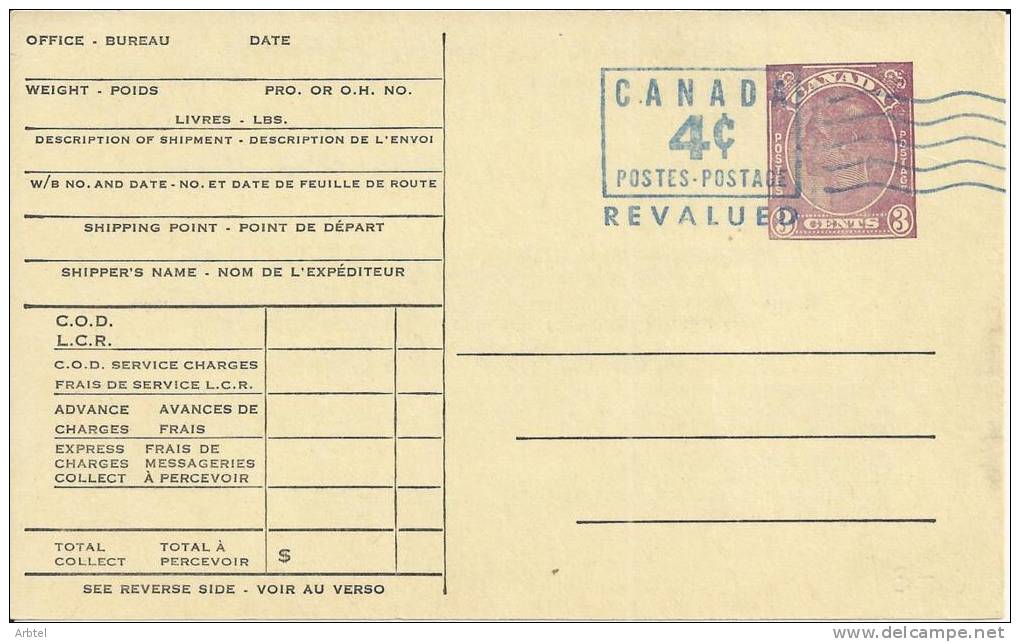 CANADA ENTERO POSTAL REVALUADO PARA USO DE CANADIAN NATIONAL EXPRESS TRANSPORTE - 1903-1954 Reyes