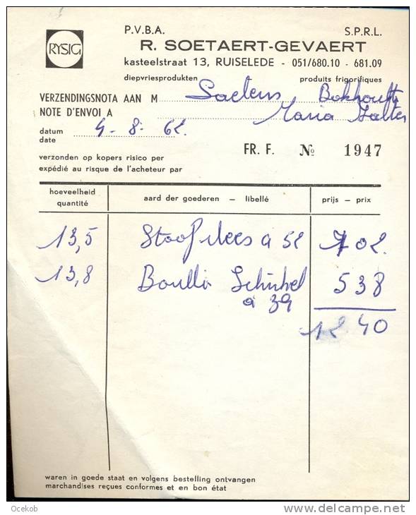 Factuur - Facture Pvba Soetaert - Gevaert Ruiselede 1962 - Lebensmittel