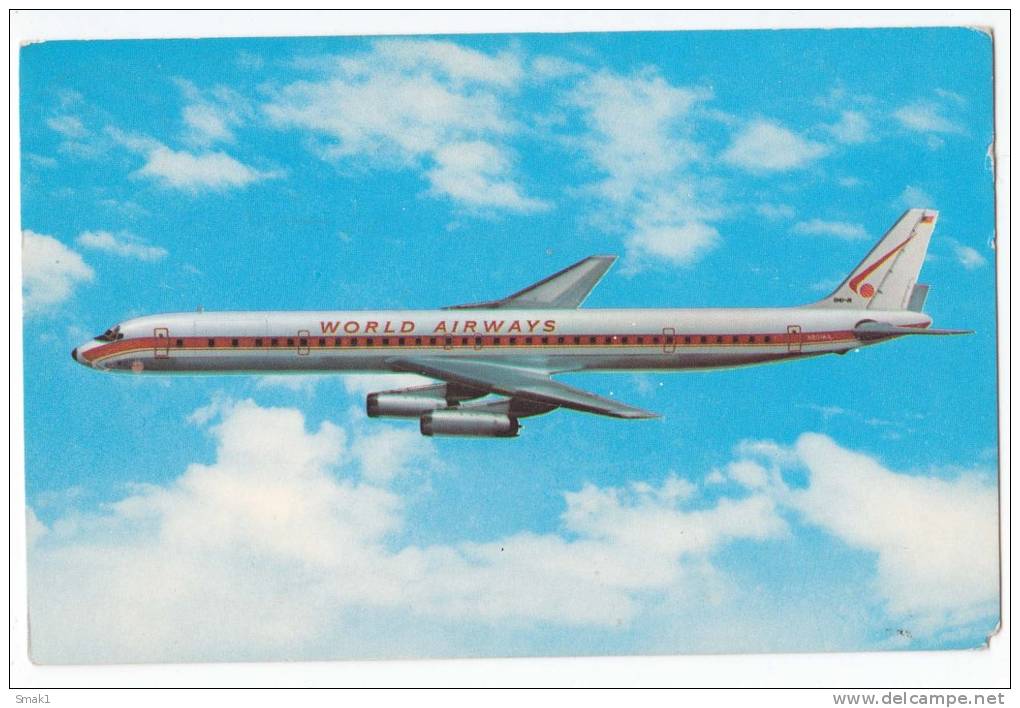 TRANSPORT AIRPLANE DC-8 SUPER STRETCH INTERCONTINENTAL JETLINER WORLD AIRWAYS USA OLD POSTCARD 1976. - 1946-....: Modern Era