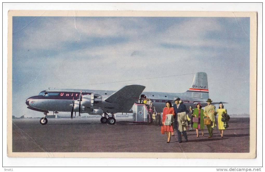 TRANSPORT AIRPLANE DC-6 MAINLINER 300S UNITES AIR LINES USA FOLDED CORNER OLD POSTCARD - 1946-....: Modern Era