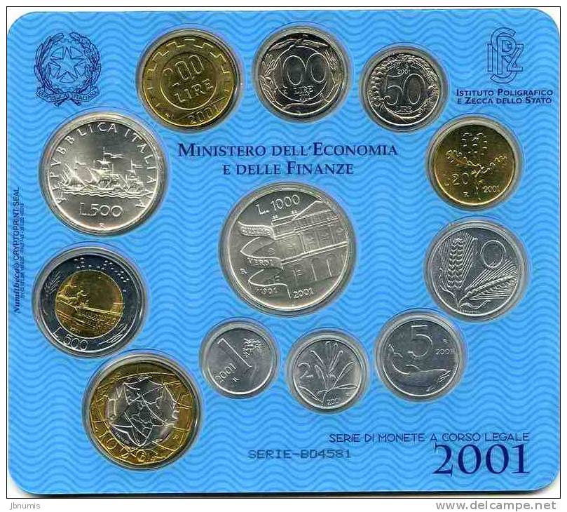 Italie Italia Coffret Officiel BU 1 à 1000 Lira 2001 Argent Verdi KM MS39 - Mint Sets & Proof Sets