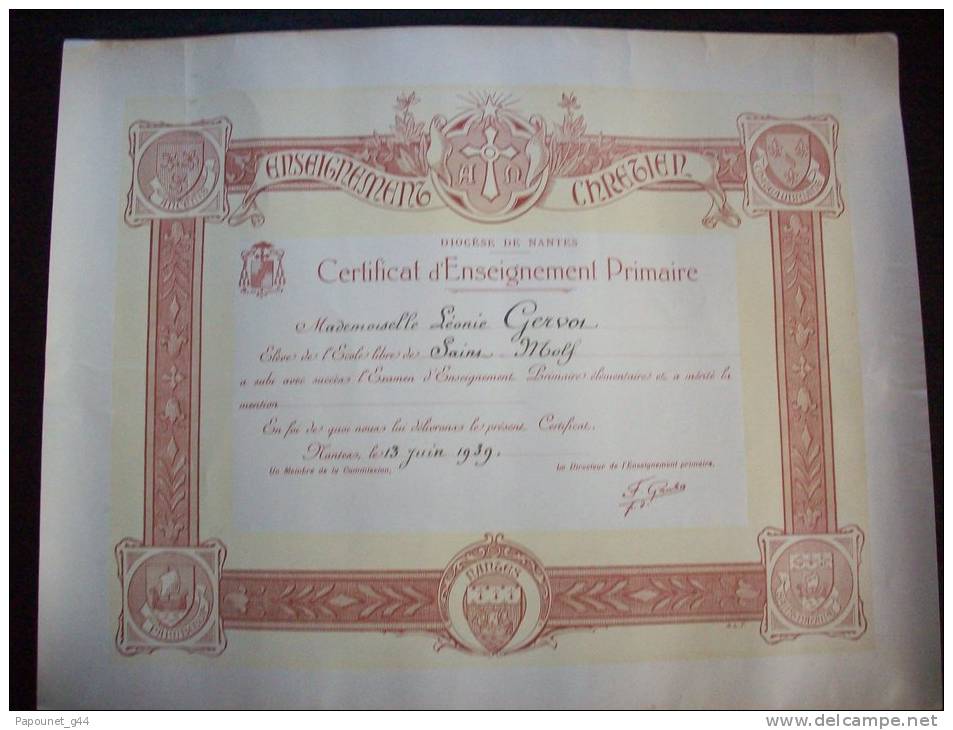 Diplôme Certificat D'Enseignement Primaire 1939 - Diploma's En Schoolrapporten