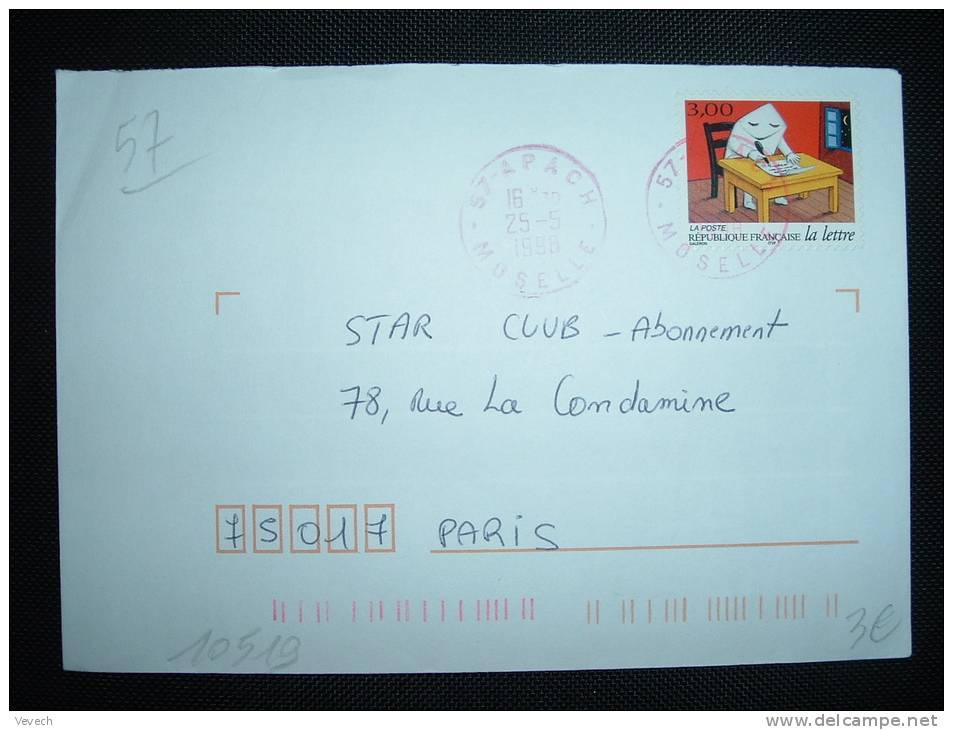 LETTRE TP LA LETTRE 3,00F OBL. DE COULEUR ROUGE 25-5-1998 APACH (57 MOSELLE) - Storia Postale