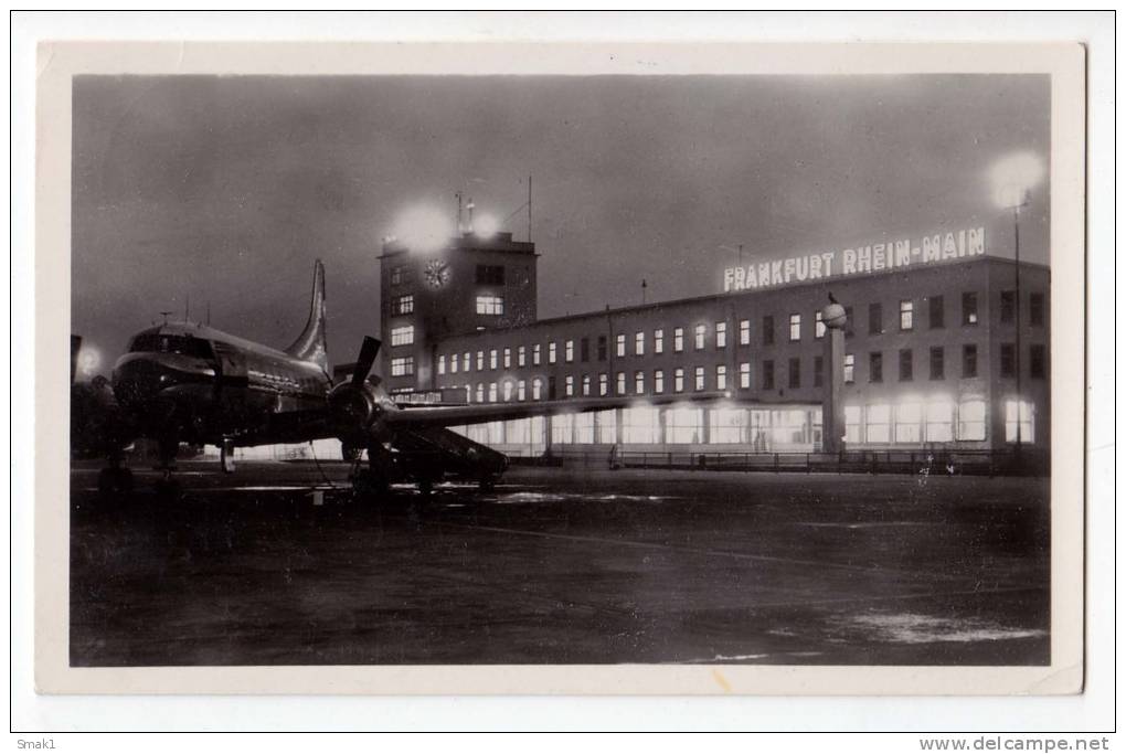 TRANSPORT AERODROMES FRANKFURT RHEIN- MAIN BY NIGHT GERMANY OLD POSTCARD 1955. - Aerodrome
