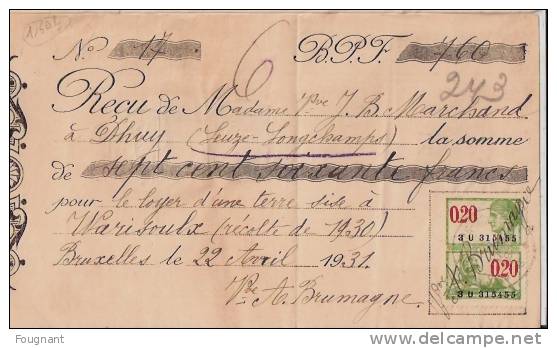 BELGIQUE :  1932::Reçu De Me Marchand à DHUY Pour WARISOULX.Timbres 256+257.Houyoux. - 1900 – 1949