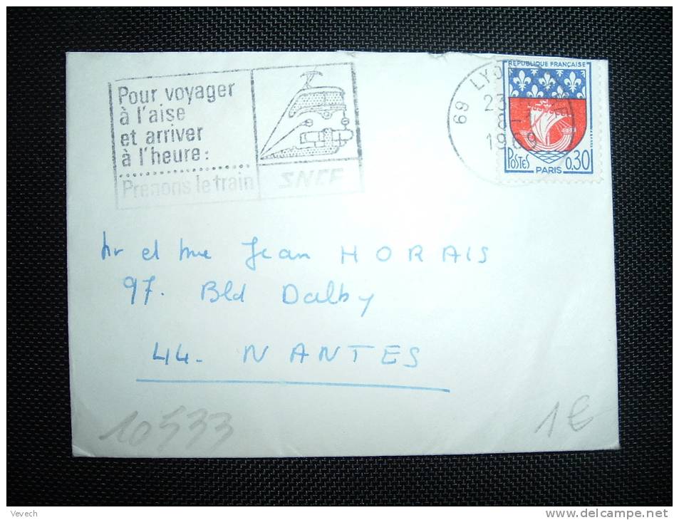 LETTRE MIGNONNETTE TP BLASONS PARIS 0,30F OBL. MEC. 8-1-1969 LYON GARE (69 RHONE) - 1941-66 Escudos Y Blasones