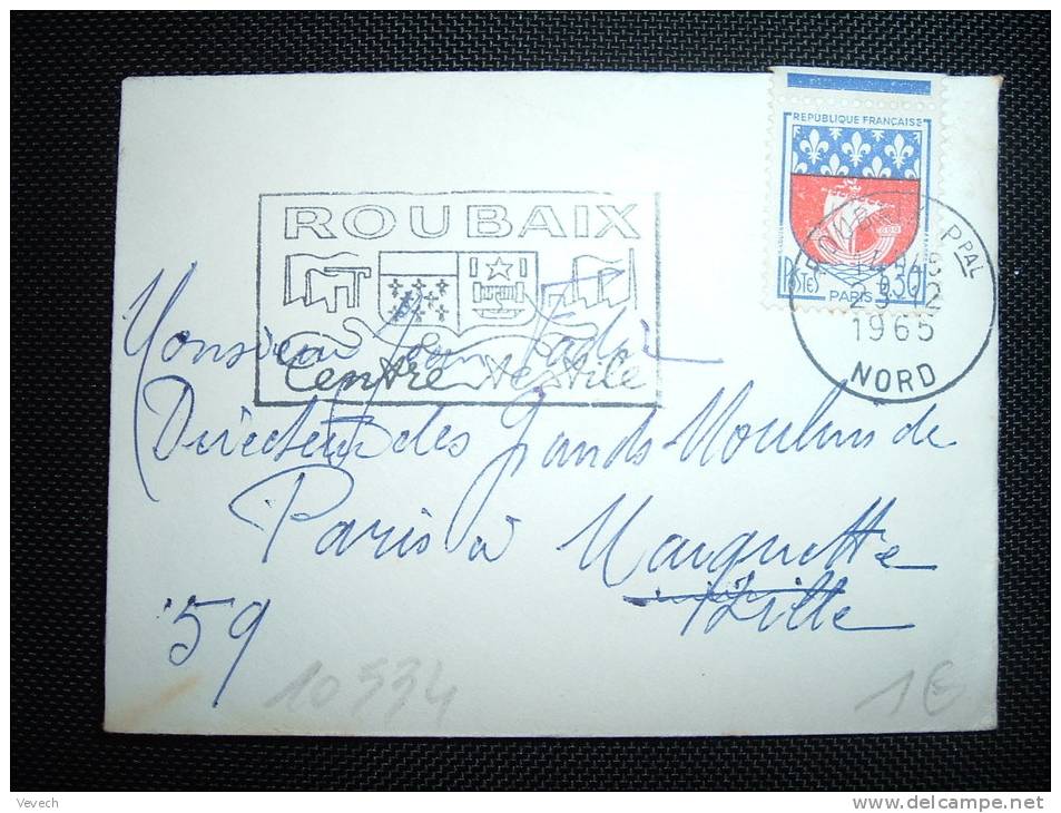 LETTRE MIGNONNETTE TP BLASON PARIS 0,30F OBL. MEC. 23-12-1965 ROUBAIX PPAL (59 NORD) - 1941-66 Escudos Y Blasones