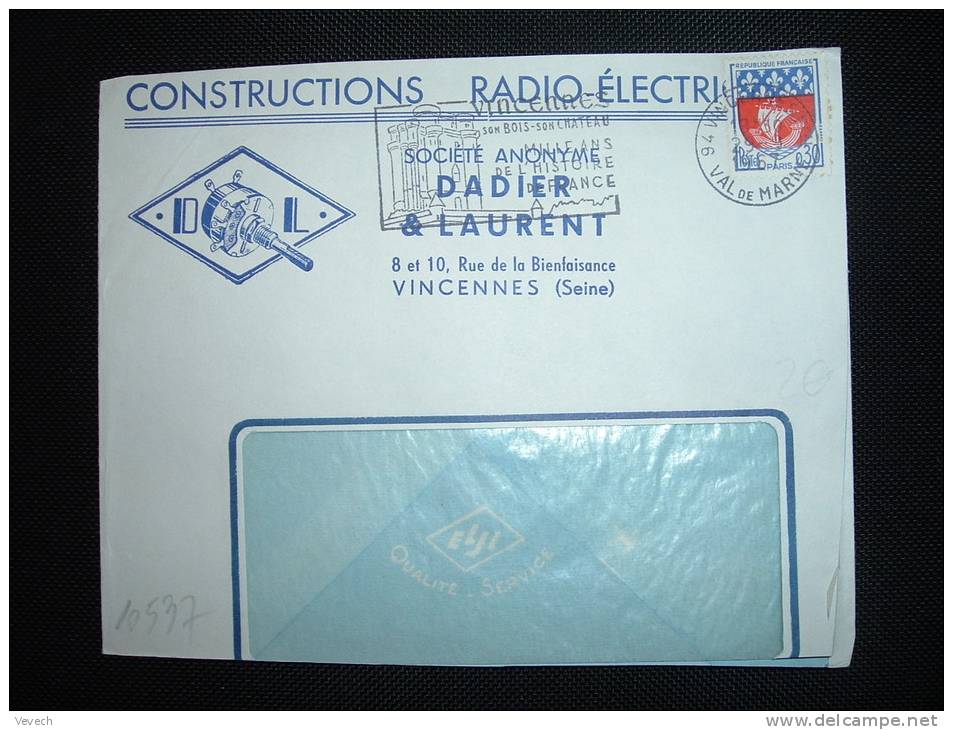 LETTRE TP BLASON PARIS 0,30F OBL. MEC. 29-9-1967 VINCENNES PPAL (94 VAL DE MARNE) + DADIER & LAURENT RADIO-ELECTRIQUES - Other & Unclassified