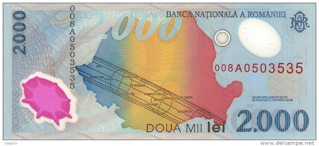 2000 LEI 1999 : / FIRST POLYMER BANKNOTE IN EUROPE. / THIS NOTE FEATURES THE EVENT OF THE ECLIPSE ON AUGUST 1999. - Roumanie