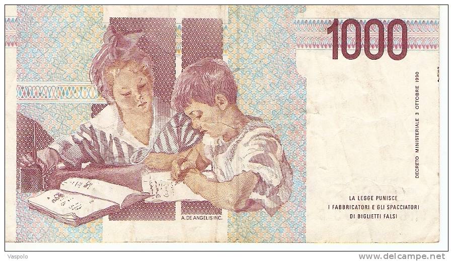 2 PIECES OF 1000 LIRE 1990 ITALY,BANKNOTE,BILL,PAPER MONEY. - 10000 Liras