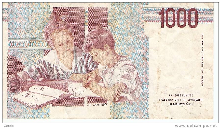 2 PIECES OF 1000 LIRE 1990 ITALY,BANKNOTE,BILL,PAPER MONEY. - 10000 Lire