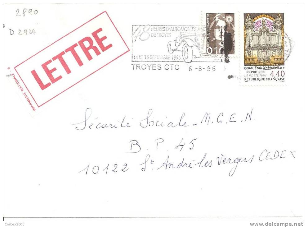 N°Y&T2890    TROYES Vers ST ANDRE LES  VERGES Le   06 AOUT1996 - Lettres & Documents