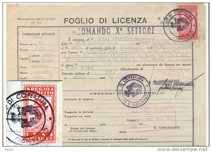 ITALIA - ITALY - REGIO ESERCITO - POSTA MILITARE - FOGLIO DI  LICENZA - COMANDO X. SETTORE  POLA - 1943 - EXTR.RARE - Franchise