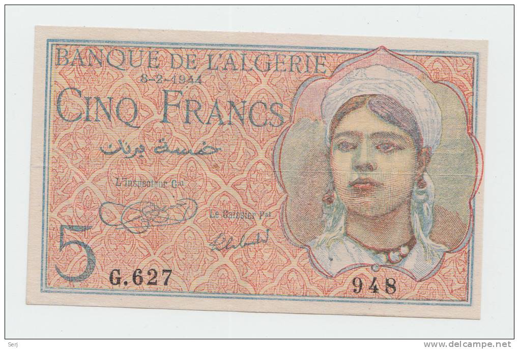 Algeria 5 Francs 8-2-1944 VF++ Banknote P 94a 94 A - Algérie