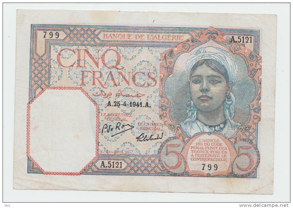 Algeria 5 Francs 1941 VF+ CRISP Banknote P 77b 77 B - Algerien