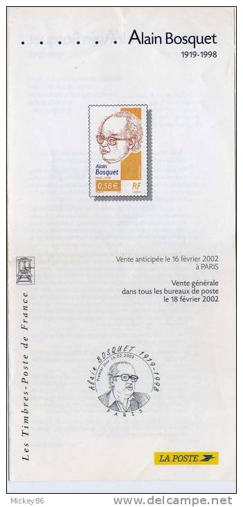 2002--Notice Philatélique En 4 Langues Destinée Aux Bureaux De Poste---Alain BOSQUET-1919-1998--Résis Tant Et Ecrivain - Documents De La Poste
