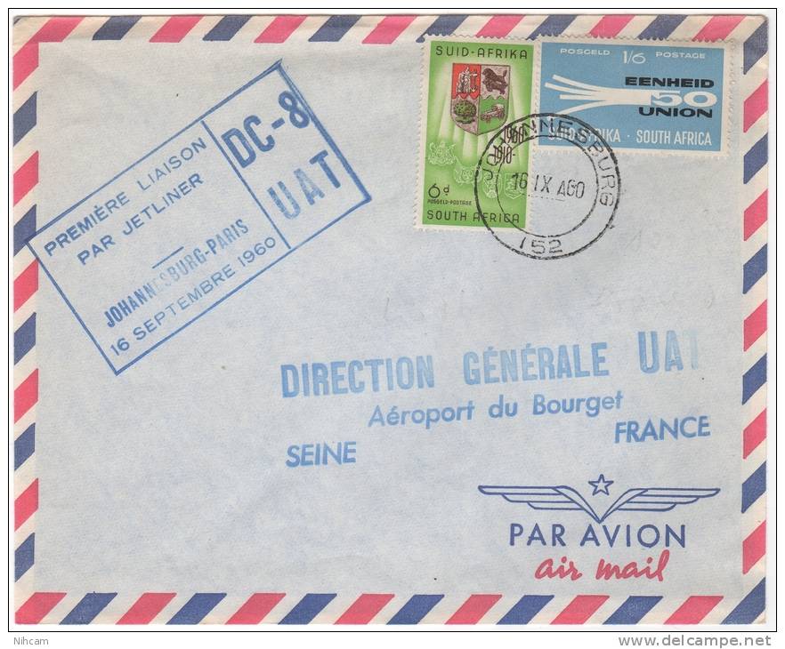 1er Vol DC8 JOHANNESBURG > PARIS 16/9/1960 - Luchtpost