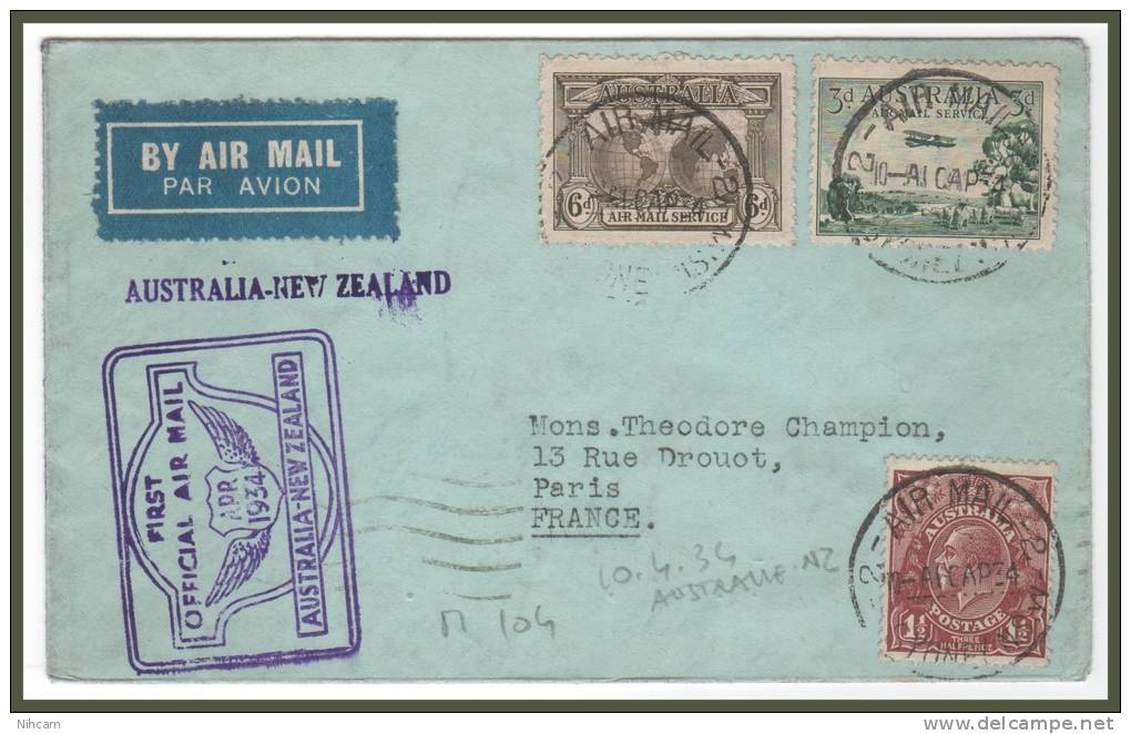 AUSTRALIA > NEW ZELAND 10/4/1934  à Destination FRANCE (M104) - Brieven En Documenten