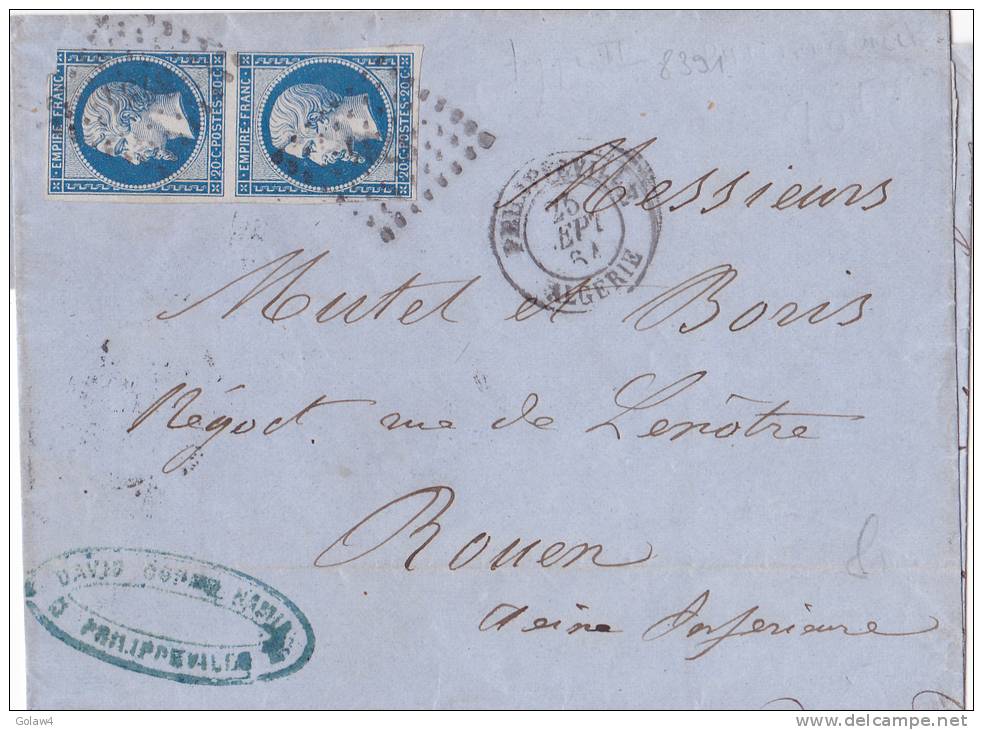 8391# Y&T N° 14B PAIRE / LETTRE Obl PC PHILIPPEVILLE ALGERIE 1861 T15 ROUEN SEINE MARITIME - 1849-1876: Période Classique