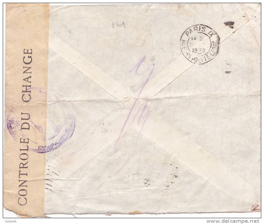 8404# GRECE &#917;&#923;&#923;&#902;&#916;&#913; ENTREE STADE ATHENES LETTRE CENSURE CONTROLE DU CHANGE Obl PIRAEUS 1938 - Covers & Documents