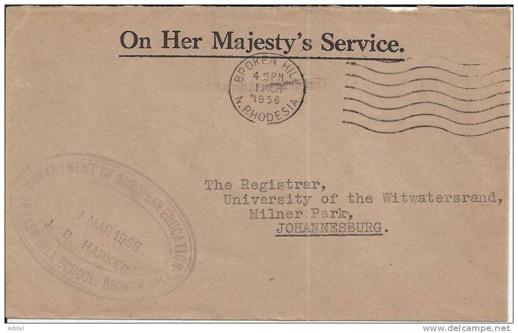 NORTHERN RHODESIA CORREO OFICIAL DE BROKEN HILL SCHOOL EDUCUACION CULTURA - Rhodésie Du Nord (...-1963)