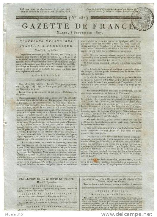 JOURNAL QUOTIDIEN GAZETTE DE FRANCE N° 252 DU 8 SEPTEMBRE 1807 - Ce Journal N´est Pas Une Reproduction - 1800 - 1849