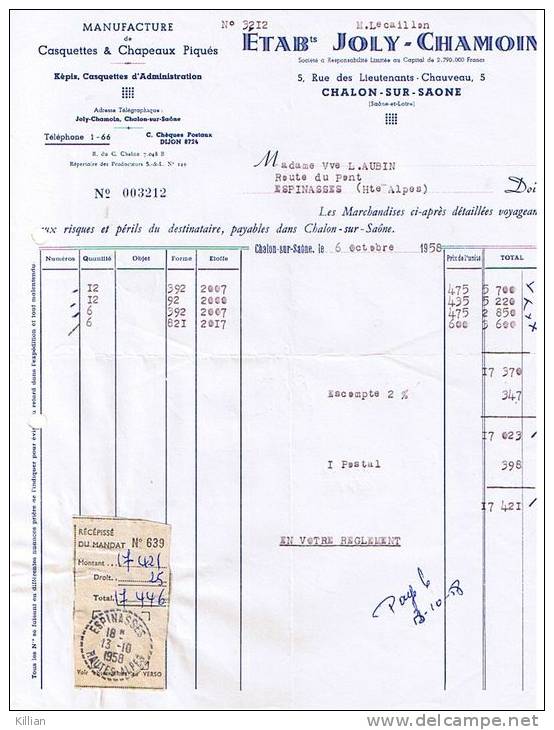 Manufacture De Casquette Et Chapeaux Piqués Joly-chamoin Chalon Sur Saone - 1950 - ...