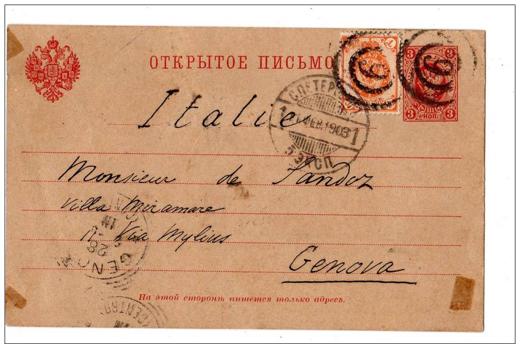 RUSSIA 1903 POSTAL CARD FROM ST PETERSBURG TO GENOA,ITALY (r. 8165) - Stamped Stationery