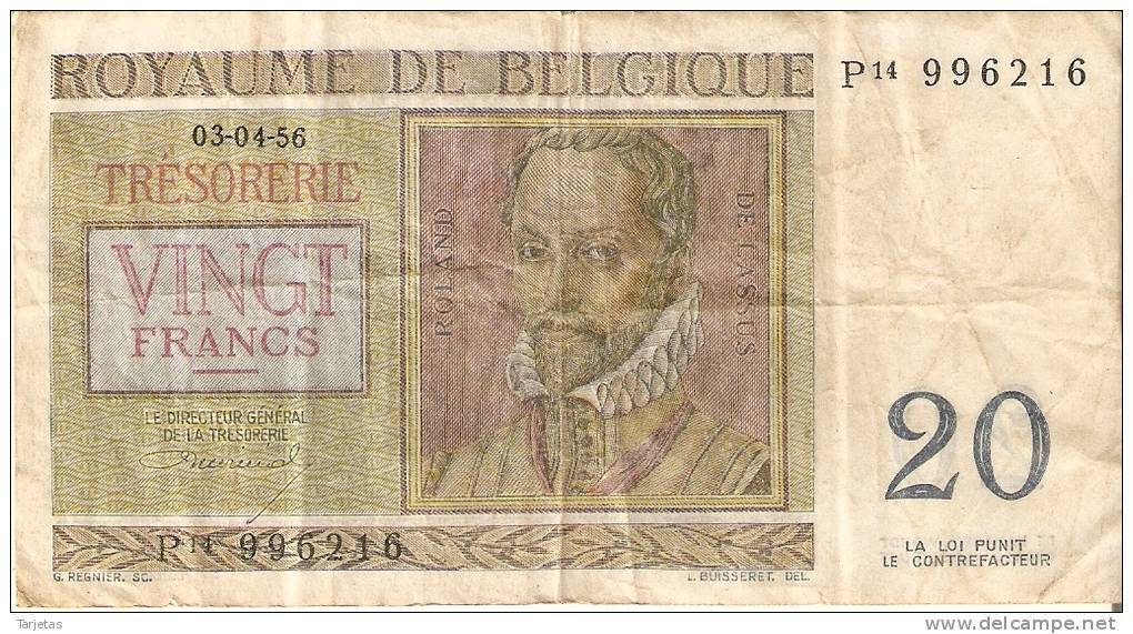 BILLETE DE BELGICA DE 20 FRANCOS DEL AÑO 1956  (BANKNOTE) - 20 Franchi